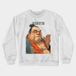 Puff Sumo Smoking a Cigar: "I Smoke Cigars in Moderation; One Cigar at a Time" on a light (Knocked Out) background Crewneck Sweatshirt